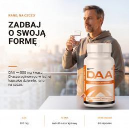 DAA Świat Supli – Zadbaj o swoją formę. DAA — 500 mg kwasu D-asparaginowego w jednej kapsułce dziennie, rano na czczo.