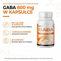 GABA Świat Supli – infografika składu: 800 mg kwasu gamma-aminomasłowego w 1 kapsułce, wieczorem przed snem.