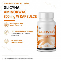 Glicyna Świat Supli: 800 mg w kapsułce, porcja 2–3 kapsułki wieczorem, opakowanie 60 kapsułek.