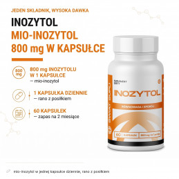 Inozytol Świat Supli – infografika składu: mio-inozytol w jednej kapsułce dziennie, rano z posiłkiem.