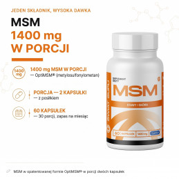 MSM Świat Supli: 1400 mg OptiMSM® w porcji 2 kapsułek, opakowanie 60 kapsułek.