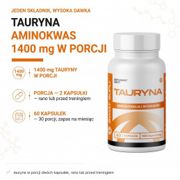 Tauryna Świat Supli – infografika składu: tauryna w porcji dwóch kapsułek, rano lub przed treningiem.