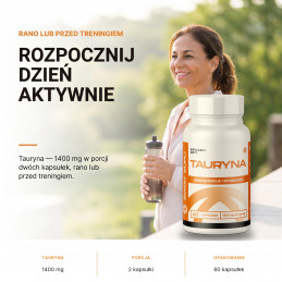 Tauryna Świat Supli – Rozpocznij dzień aktywnie. Tauryna — 1400 mg w porcji dwóch kapsułek, rano lub przed treningiem.