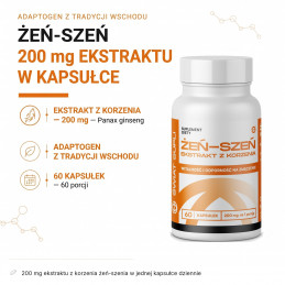 Żeń-szeń ekstrakt z korzenia 200 mg 60 kapsułek – skład: 200 mg ekstraktu z korzenia żeń-szenia w jednej kapsułce dziennie.