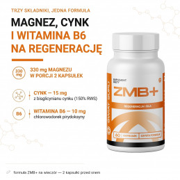 ZMB+ Świat Supli: 330 mg magnezu, 15 mg cynku i 10 mg witaminy B6 w porcji 2 kapsułek.