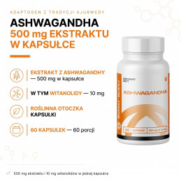Ashwagandha Świat Supli – infografika składu: 500 mg ekstraktu i 10 mg witanolidów w jednej kapsułce.