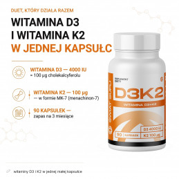 D3+K2 Świat Supli: 4000 IU witaminy D3 i 100 µg witaminy K2 MK-7 w kapsułce; 90 kapsułek.
