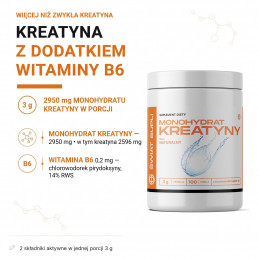 Kreatyna Świat Supli 300 g: 2950 mg monohydratu (2596 mg kreatyny) i 0,2 mg B6 w porcji 3 g.