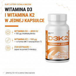 D3+K2 Świat Supli: 4000 IU witaminy D3 i 100 µg witaminy K2 MK-7 w kapsułce; 200 kapsułek.