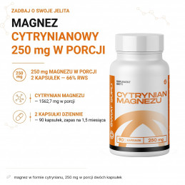 Cytrynian magnezu Świat Supli: 250 mg magnezu w porcji 2 kapsułek, opakowanie 90 kapsułek.