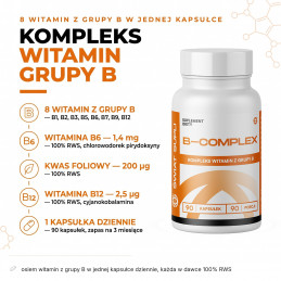 B-Complex Świat Supli: 8 witamin z grupy B w jednej kapsułce dziennie, opakowanie 90 kapsułek.