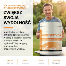 Kreatyna Świat Supli – Zwiększ swoją wydolność. Monohydrat kreatyny — 4400 mg czystej kreatyny w porcji 5 kapsułek dziennie.