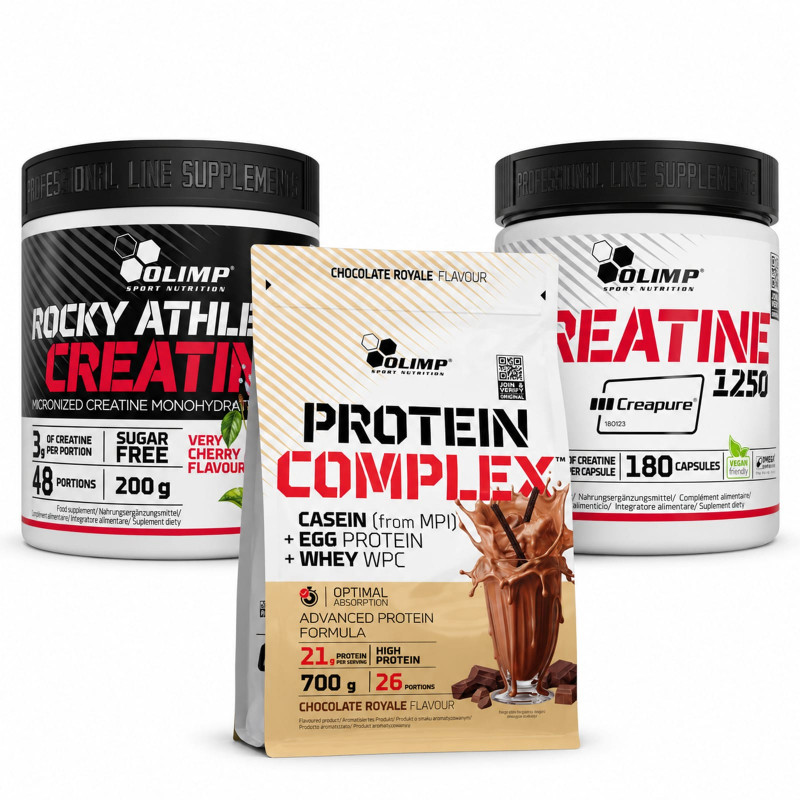 Zestaw Olimp Protein Complex 700g Chocolate Royale + Rocky Athletes Creatine Very Cherry 200g + Creapure 180 caps