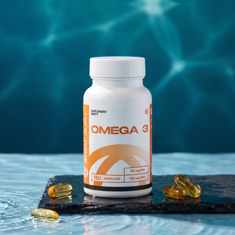 Opakowanie Świat Supli Omega 3 180/120, 120 kapsułek oleju rybiego z EPA i DHA