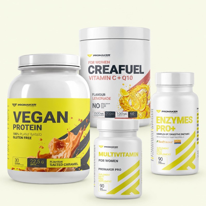 Zestaw Promaker Vegan Protein słony karmel 900g + Creafuel lemonade 300g + Enzymes Pro+ 90kap + Multivitamin For Women 90kaps