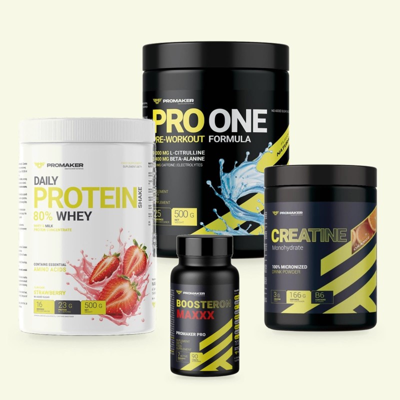 Zestaw Promaker Daily Protein Truskawka 500g+Creatine Monohydate 500g pomarańcza+Pro One 500g natural+Boosteron Maxxx 90kaps